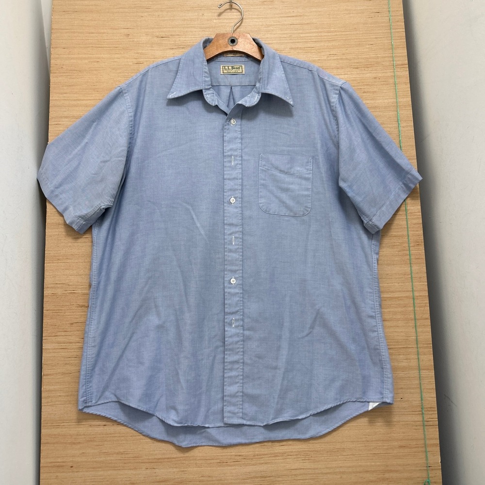 LL Bean Vintage Mens Blue Oxford Short Sleeve Button Down Shirt Made in USA 17.5